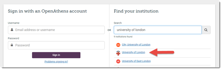 The page which asks you to sign in with an OpenAthens account, which also has a 'Find your organisation' option on the right side