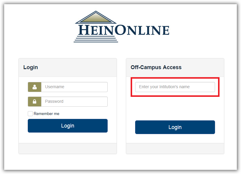 The HeinOnline login page. The 'Off Campus Access' heading on the right side of the page, under which there is a search box.