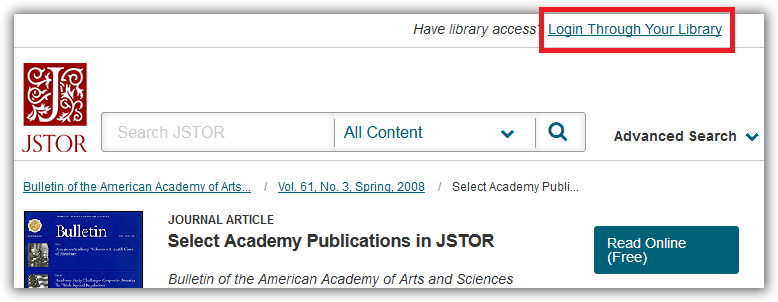 The JSTOR website before you have logged in.