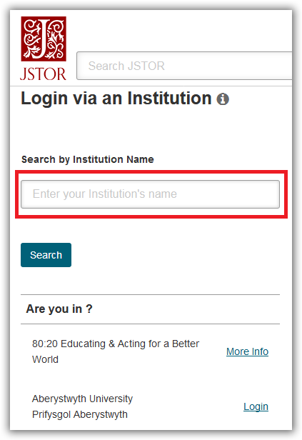The 'Login via an institution' page on JSTOR.
