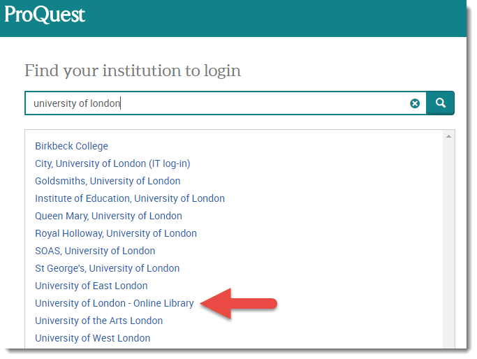 The 'Find your institution to login' page on the ProQuest website, which contains a search box.