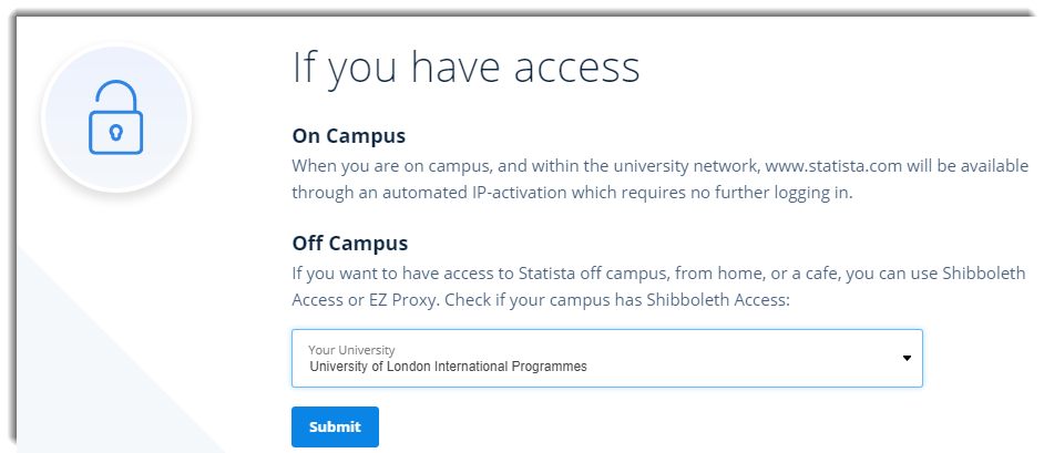The Statista login page. Under the heading 'Off Campus' there is a drop down menu which lists several universities.