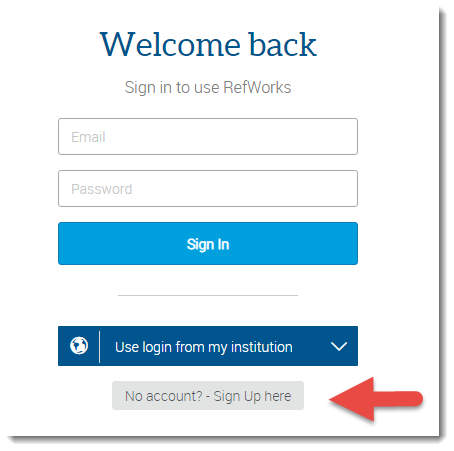 The RefWorks login page. The 'No account? Sign up here' button is near the bottom of the page.