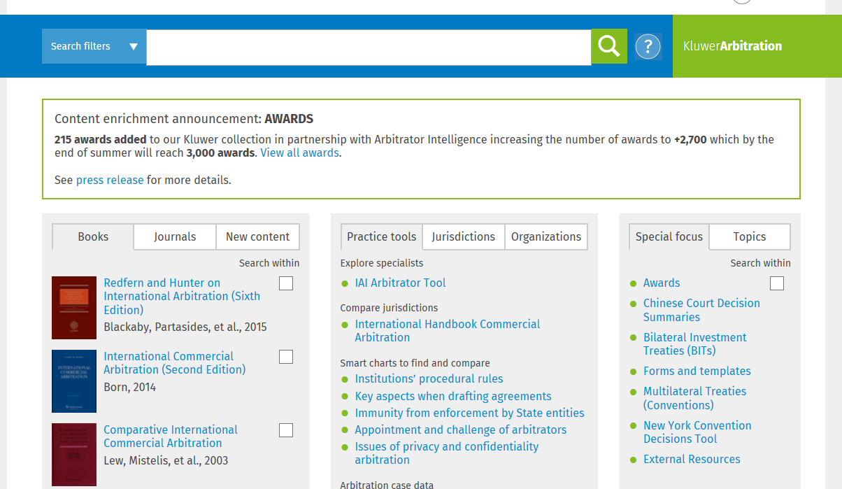The Kluwer Arbitration home page.