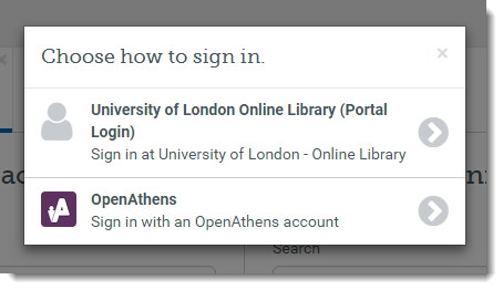 The 'Choose how to sign in' pop-up, which gives you two options: University of London Online Library (Portal Login), and OpenAthens.
