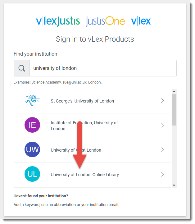 The JustisOne page which asks you to find your institution