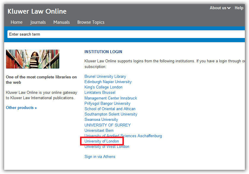 The Institutional Login page on the Kluwer Law Online website.