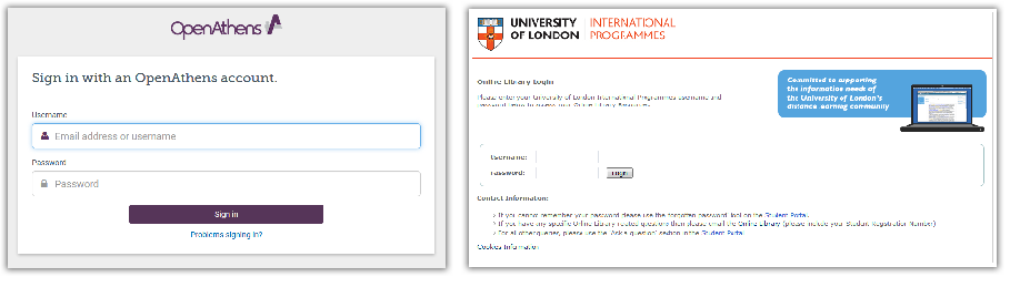 The Athens login page and the Portal password login page.