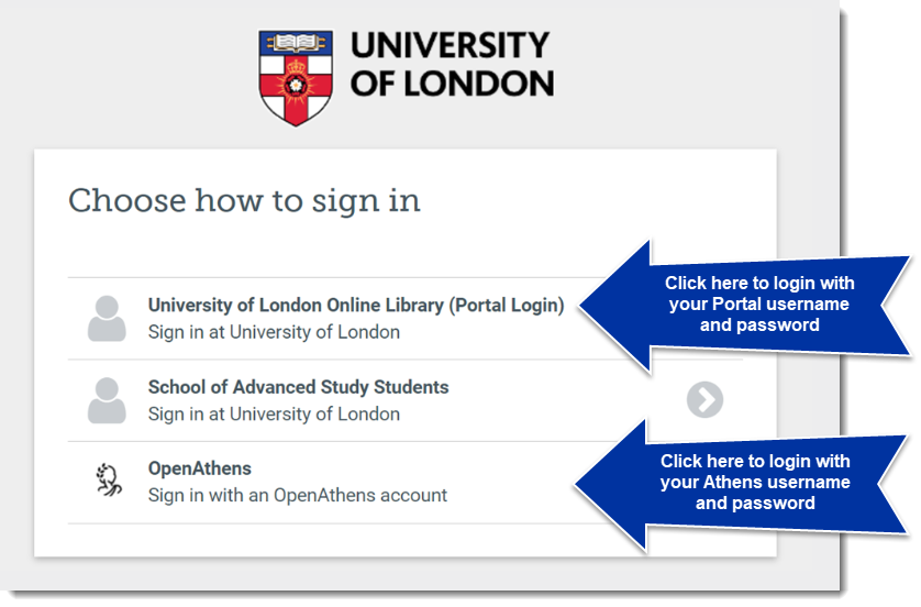 The page which asks you to choose how to sign in. Select University of London Online Library Portal Login to login with your Portal username and password, or select OpenAthens to login with your Athens username and password