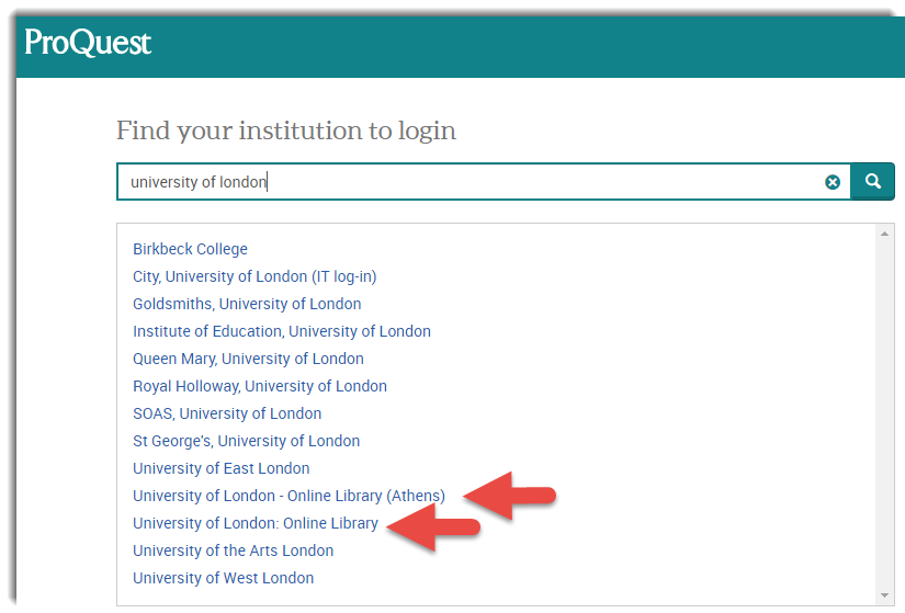 The Find your institution page on the ProQuest website.