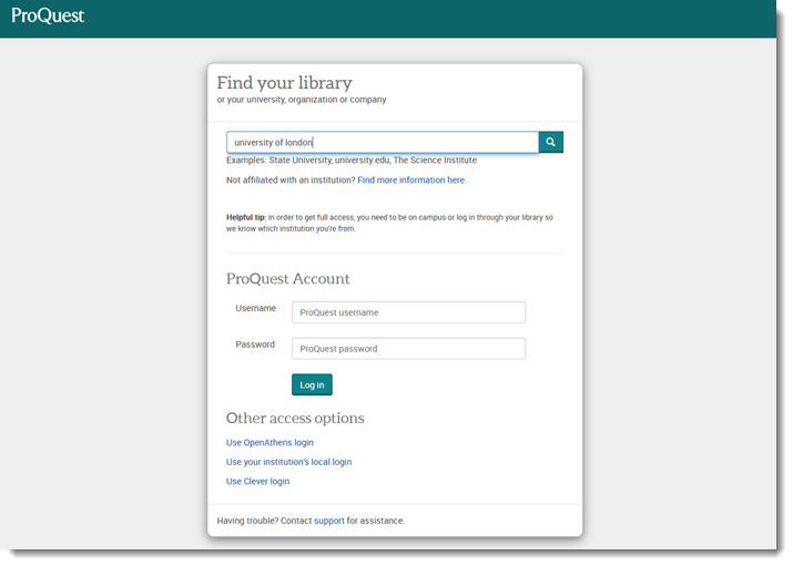 The ProQuest login page