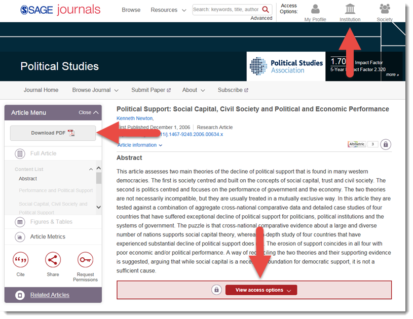 An article page on the Sage Journals website, before you have logged in.