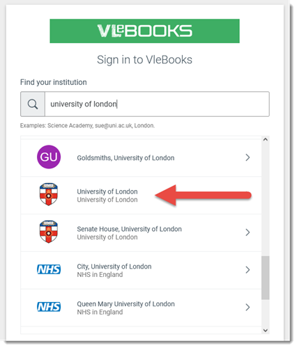 The V L E Books find your institution page with the university of London option highlighted