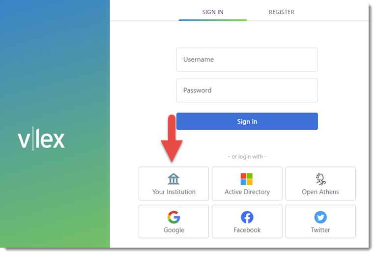 The v Lex Justis sign in page, with the your institution button near the bottom