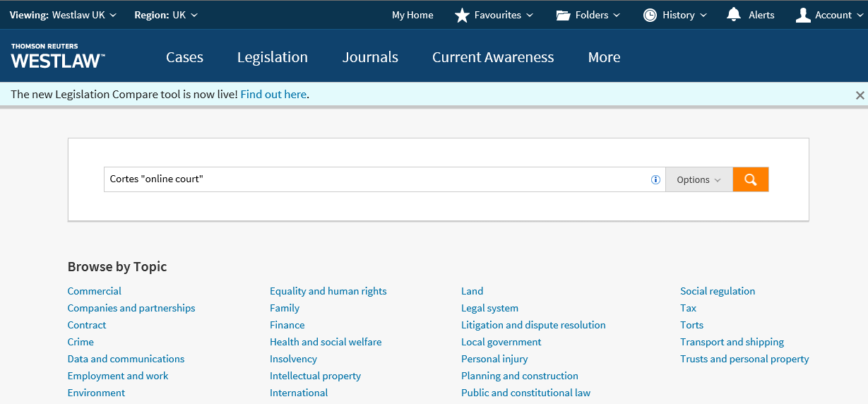 The Westlaw home page.