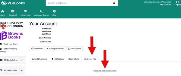 The Your Account page in VLeBooks, with the VLeBook app tab near the bottom