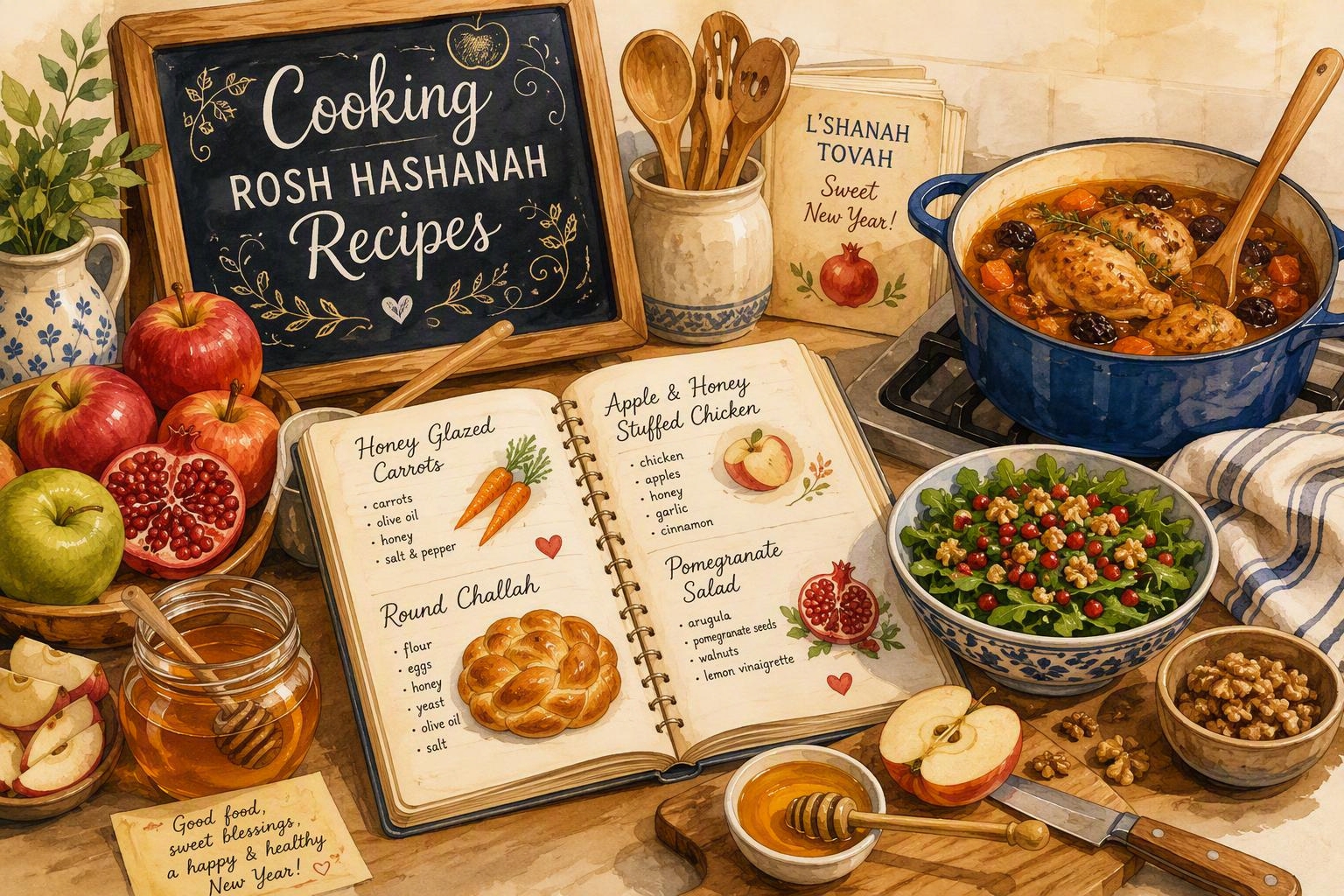image of cookbook for rosh hashana and ingredients