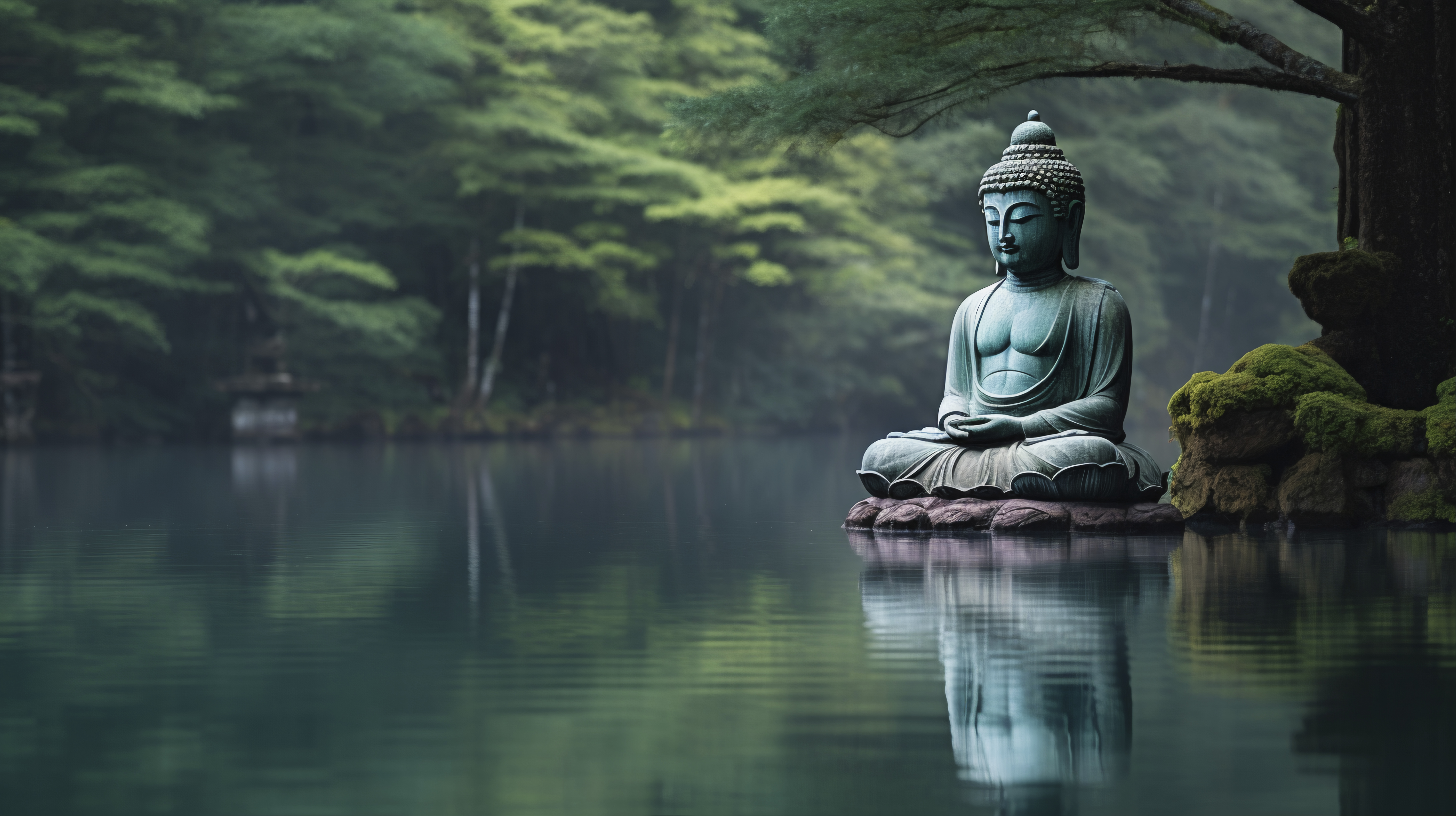 sculpture of budha on water in forest