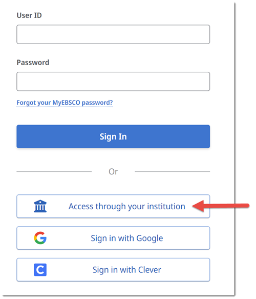 EBSCO's login page with the 'Access through your institution' option