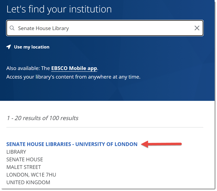 EBSCO's institution search page