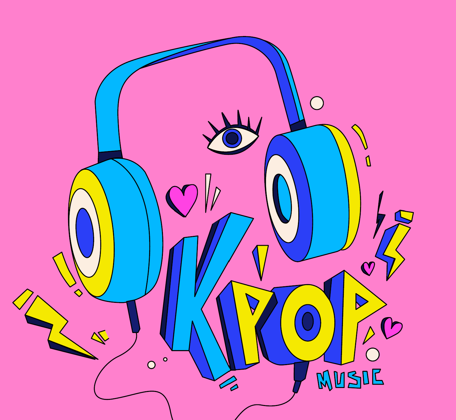words k pop bright pink background wtih headset