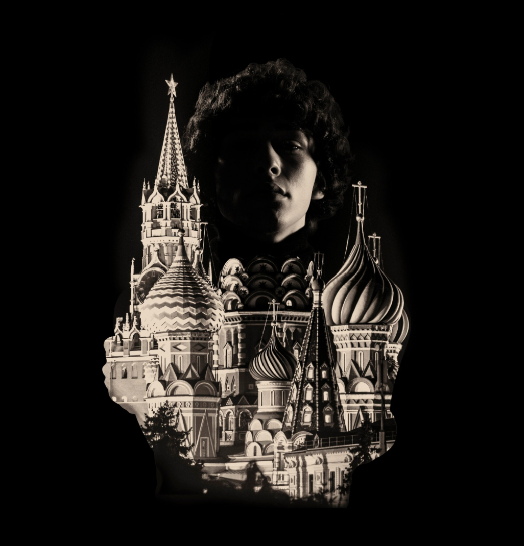 soulfoul black and white young man bust over moscow skyline