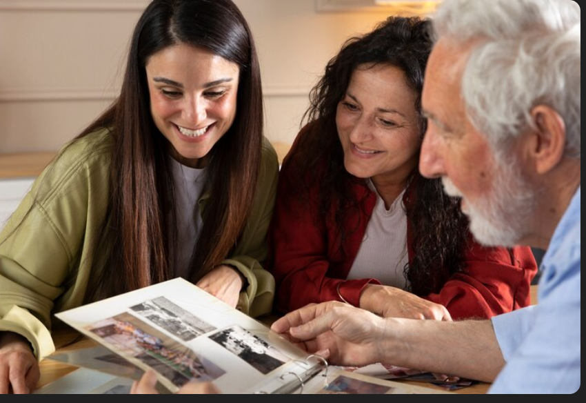 two women and older man look at photobook