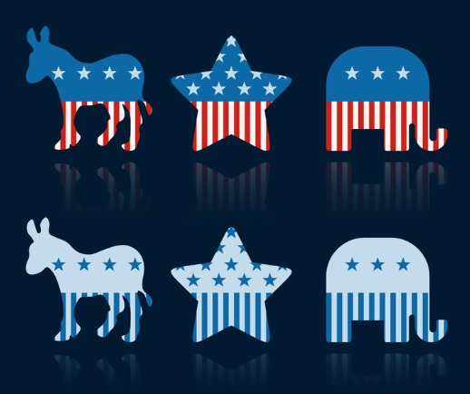 us flag covering donkey and elephant images