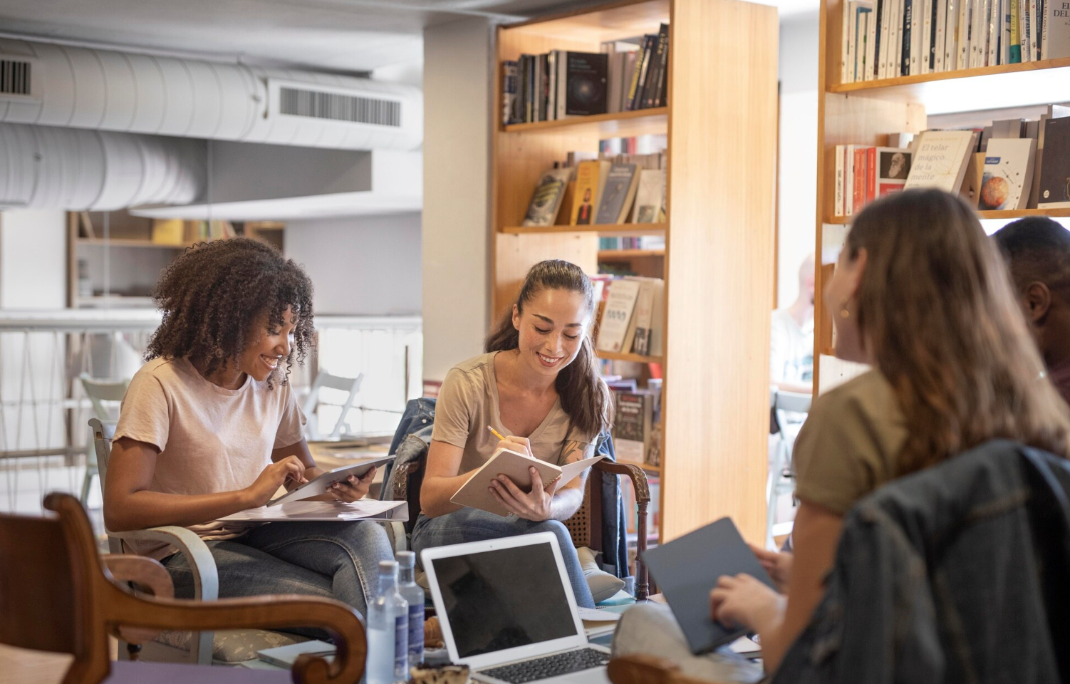 smiling students online in library
