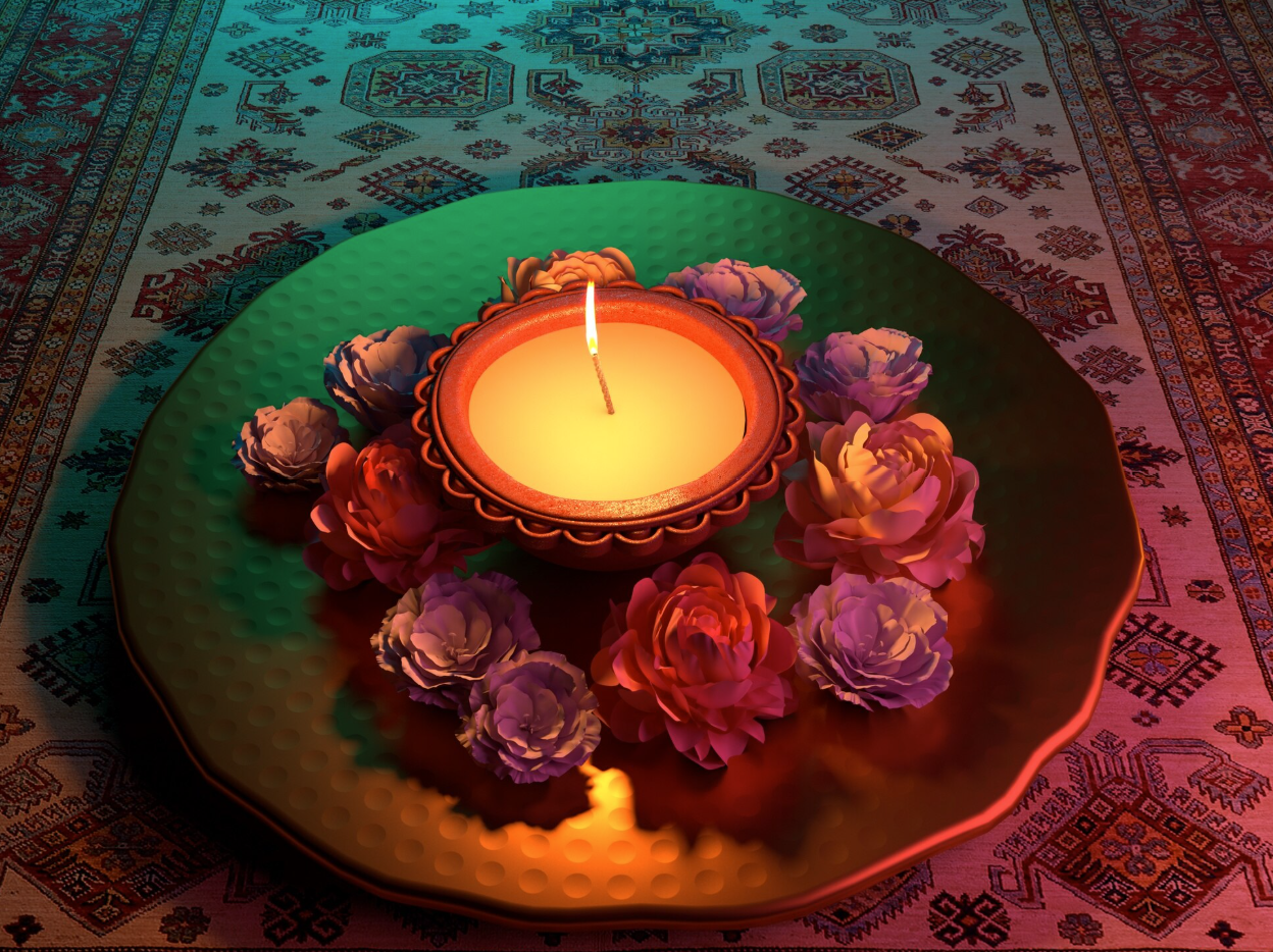 diwali flowers and candle