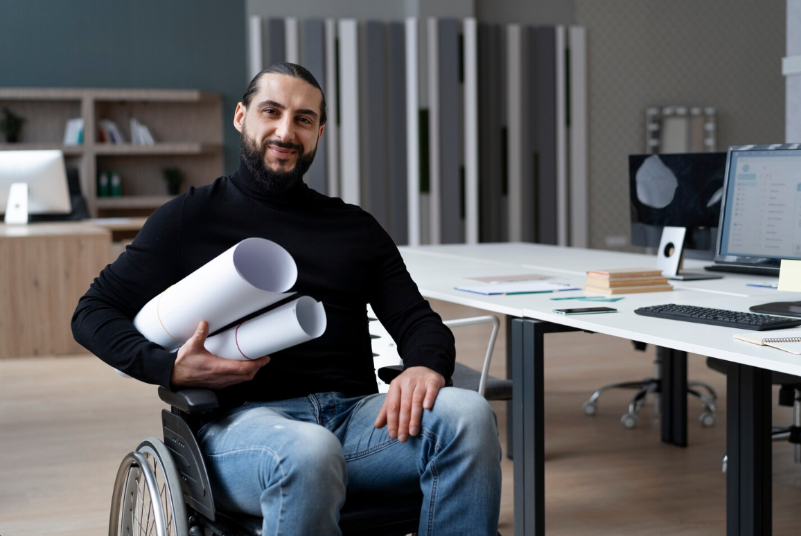 smiling man in wheelchair at desk