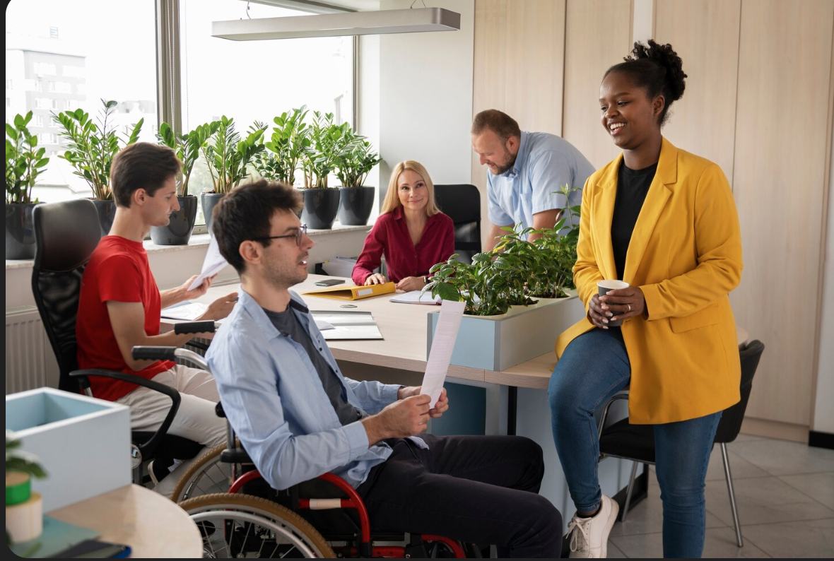 diverse group of happy coworkers in office