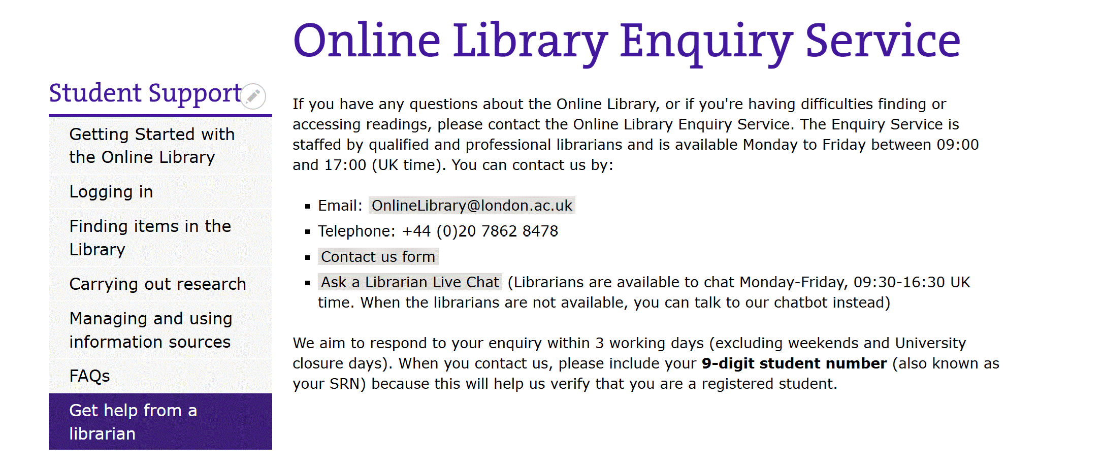 student enquiries page 