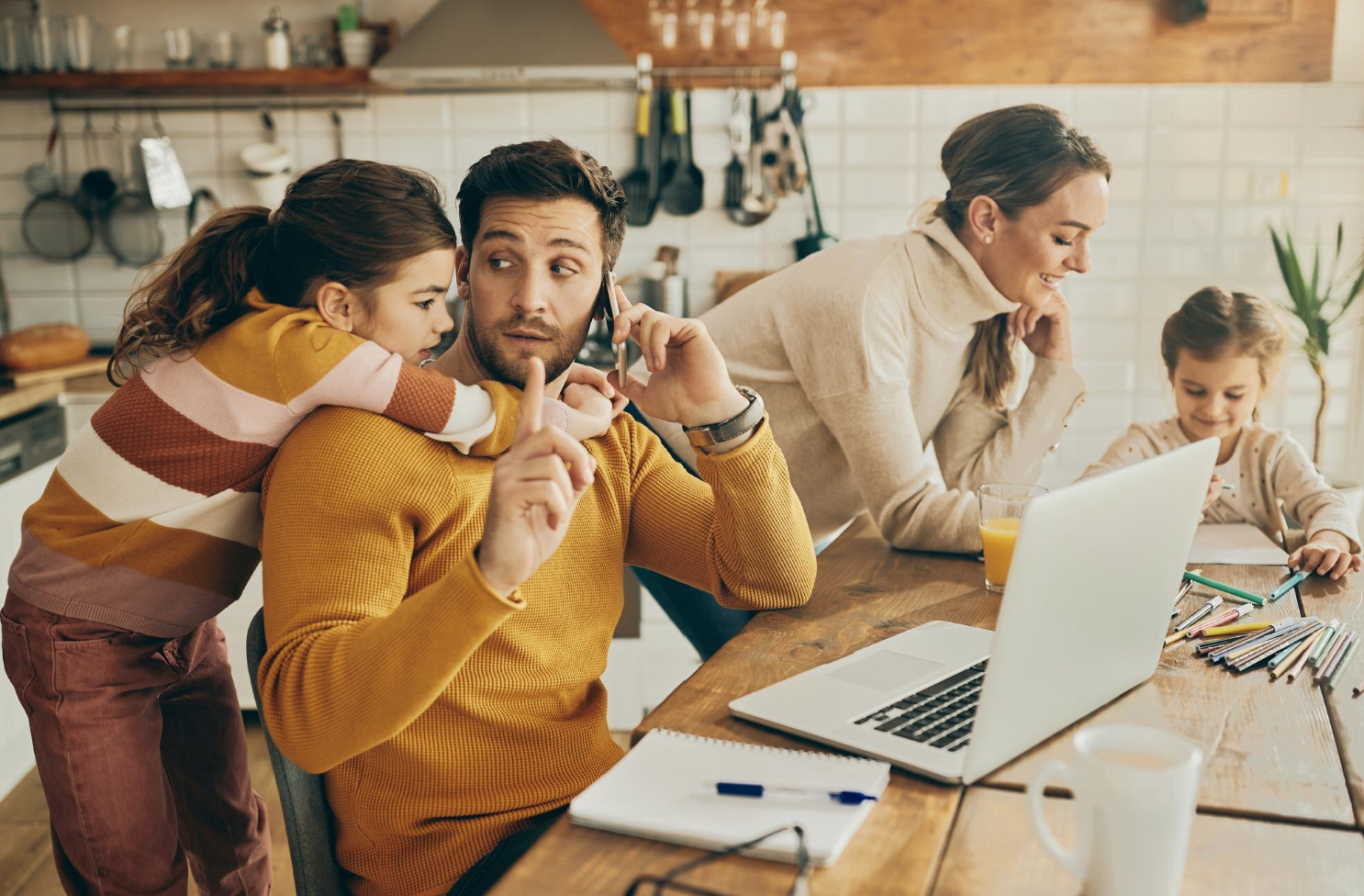 family working and studying together
