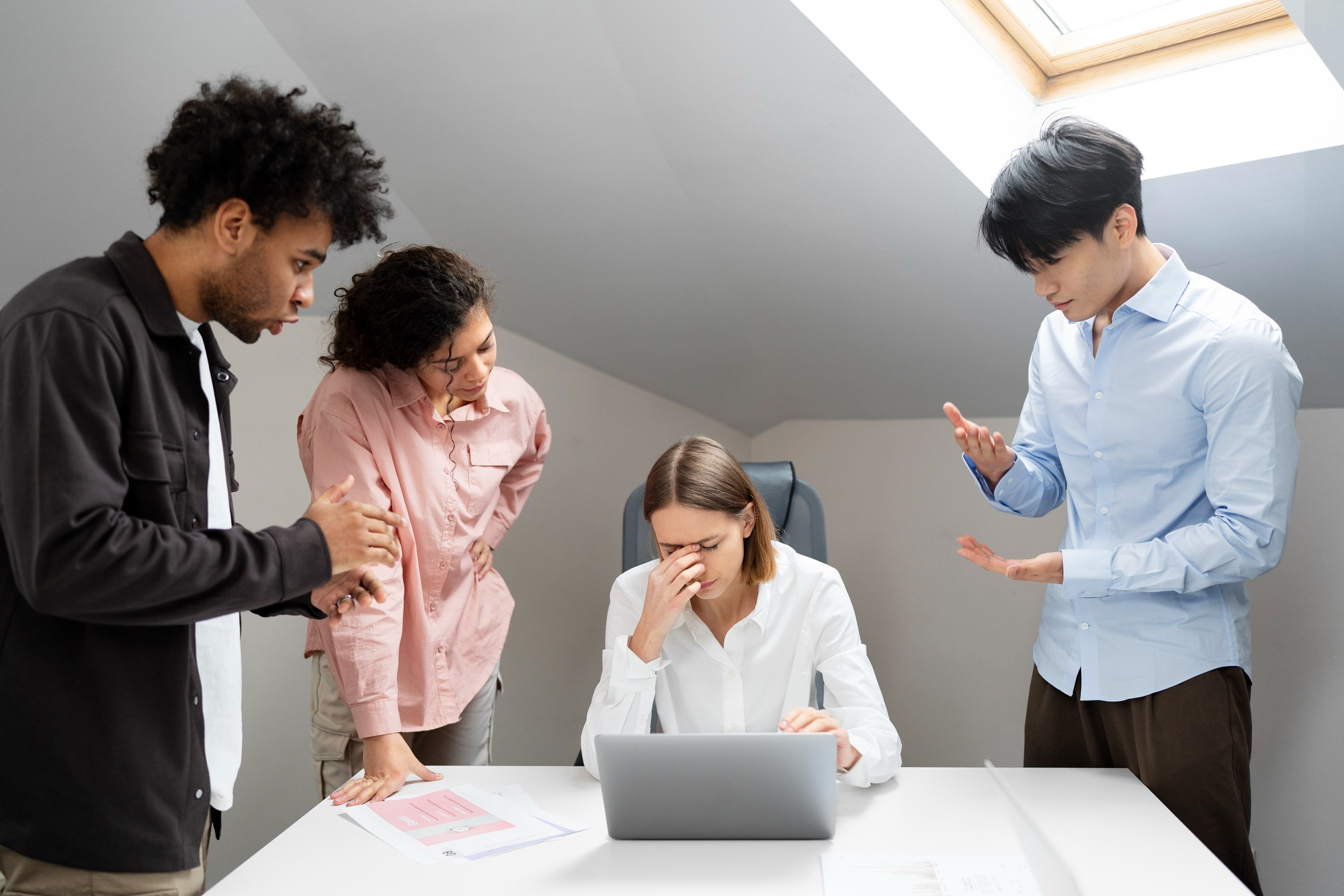 colleague at computer holding headache