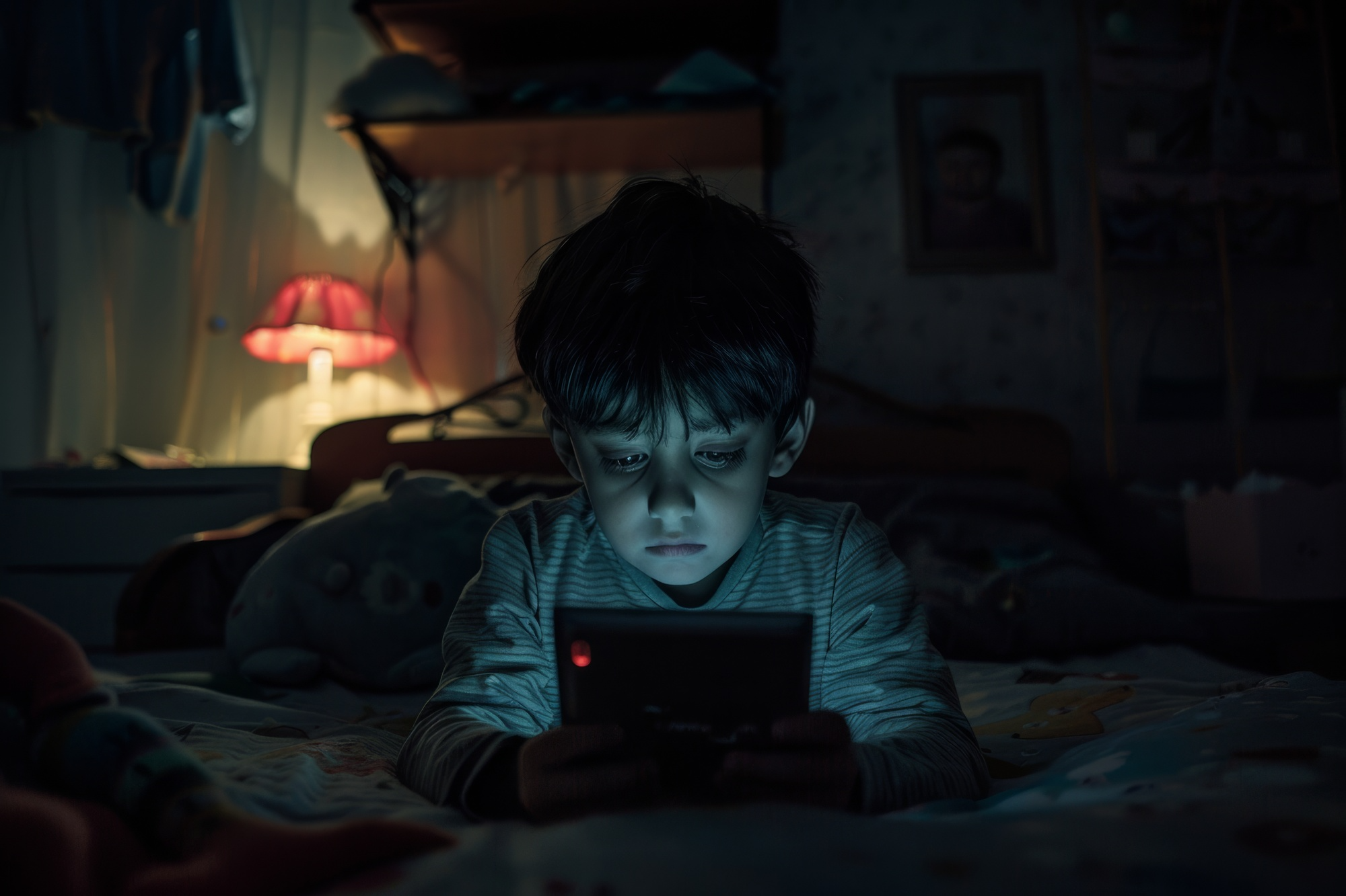 child sits on bed in dark reading smartphone