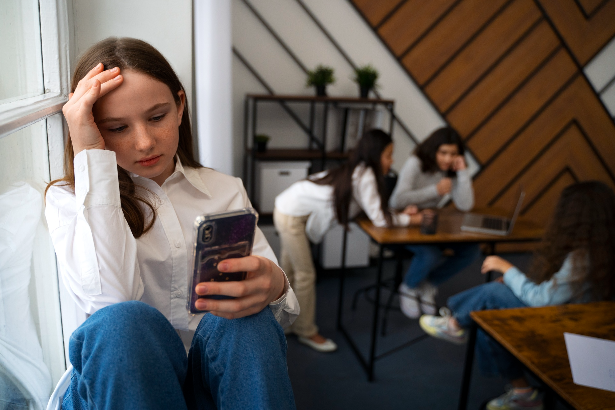 student reading smartphone in corner of class