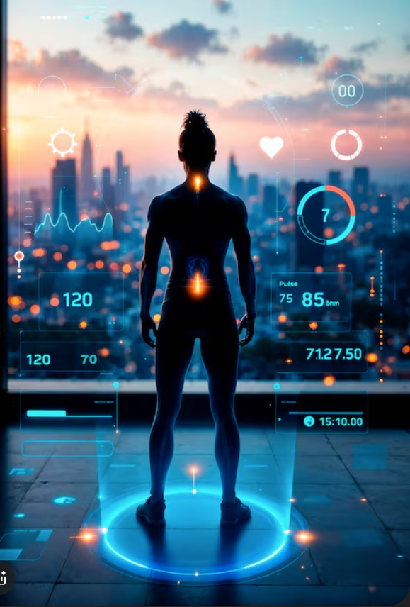 profile of human with cyber imagery and data floating around it