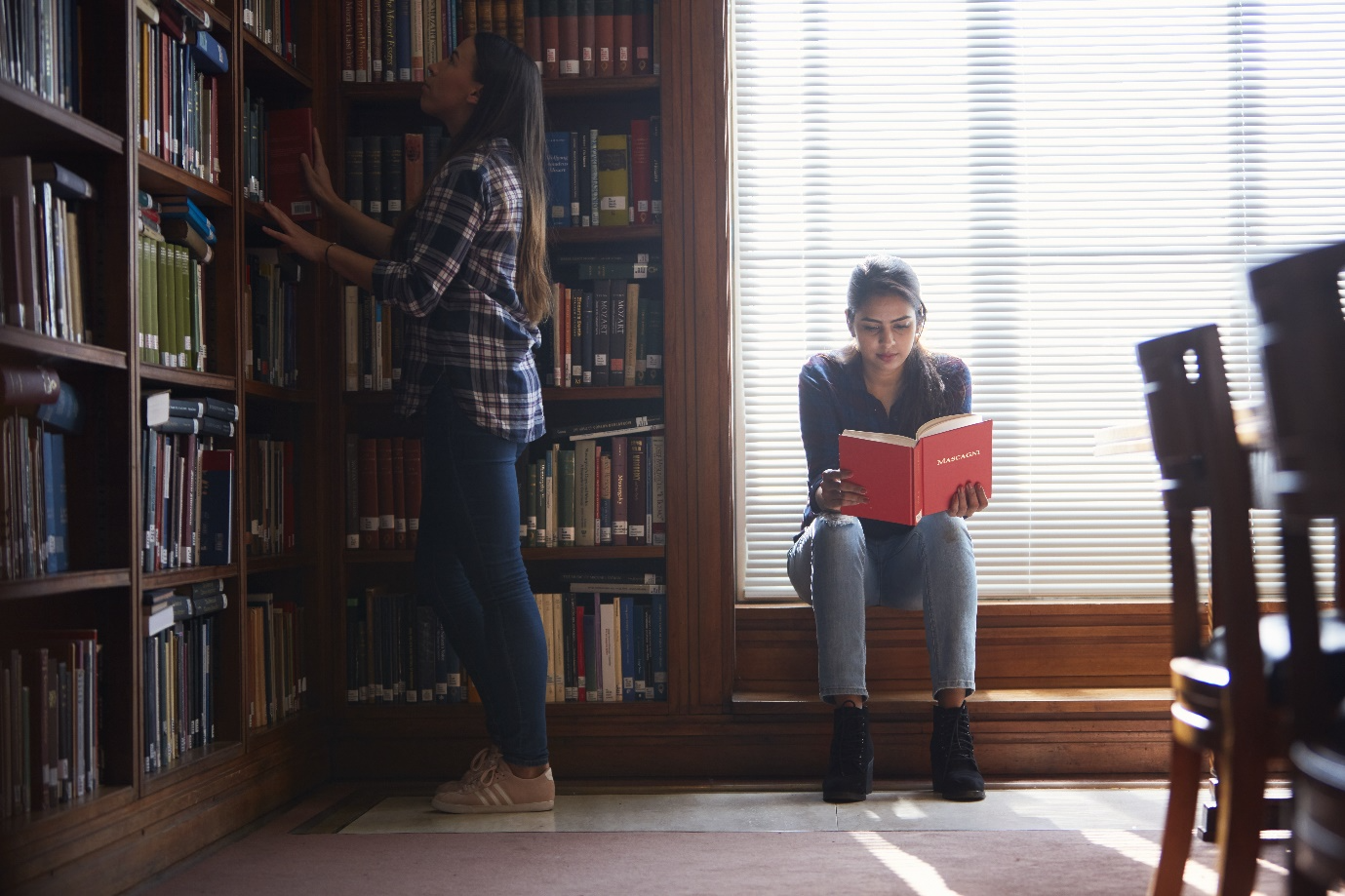 A person reading a book in a library

Description automatically generated