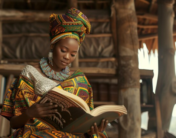 african women reading in kenti cloth