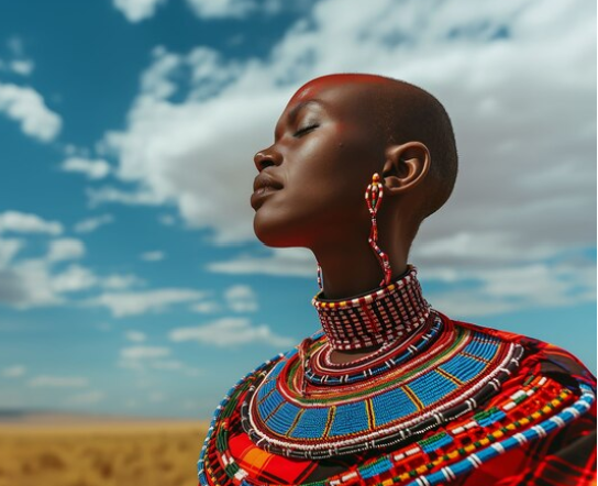 woman in traditional kenyan attire in sunshine