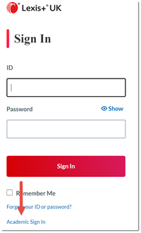 The Lexis plus login page, with the academic sign in link near the bottom