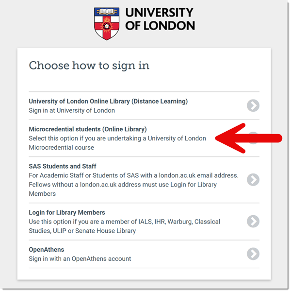 The page that asks you how you want to sign in, with the second option microcredential students online library highlighted