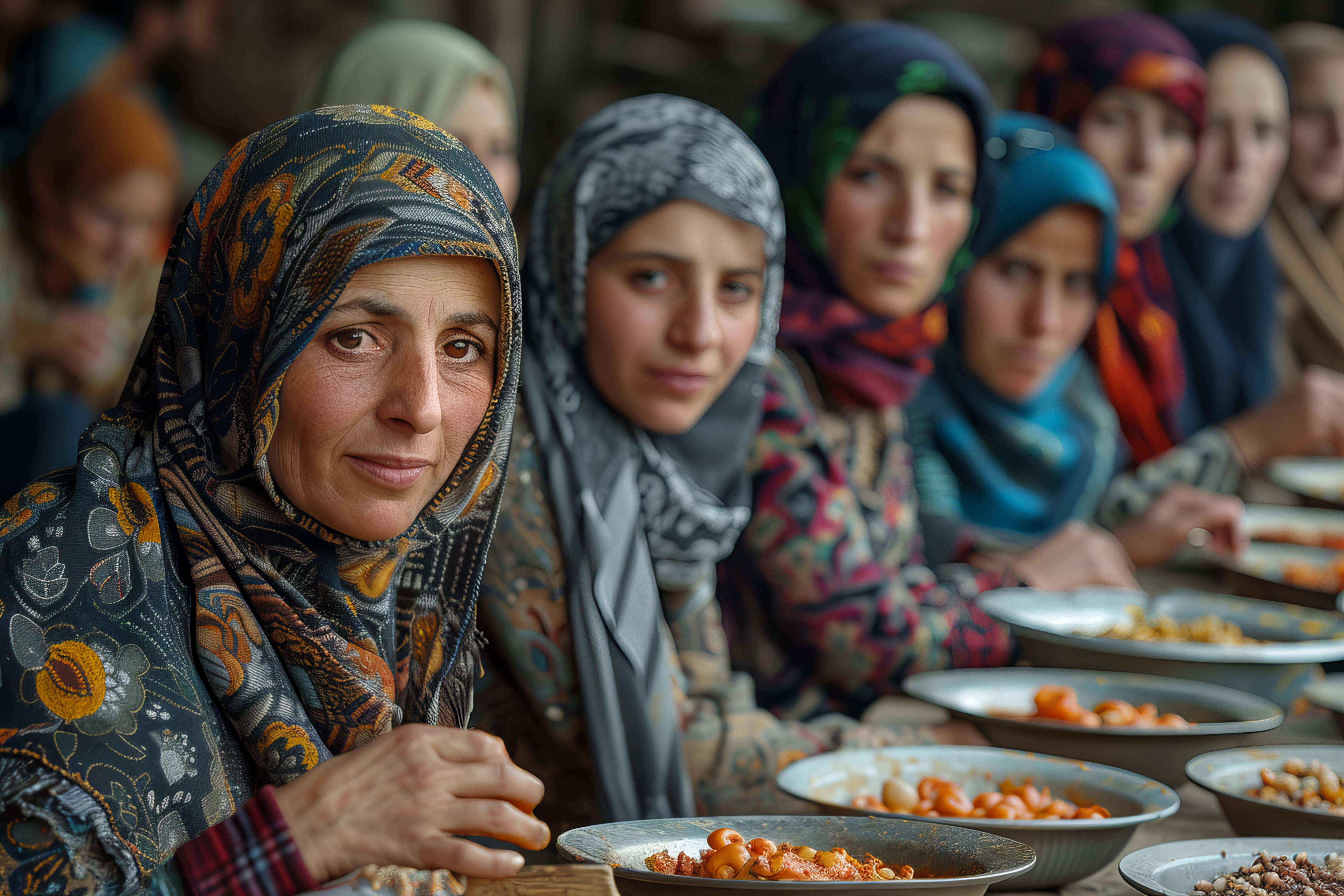 women in traditional afghan scarves eat together