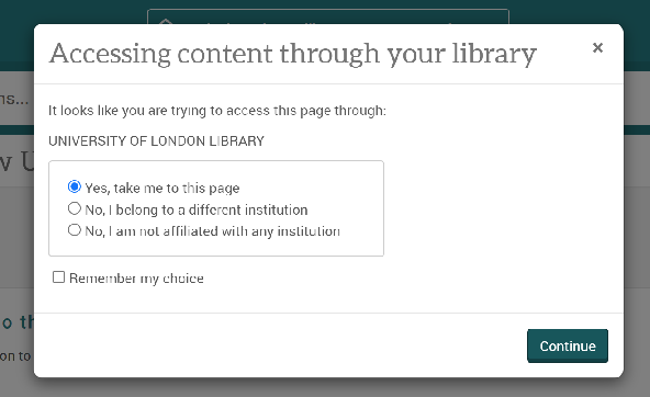 The ProQuest pop-up asking you to confirm your institution