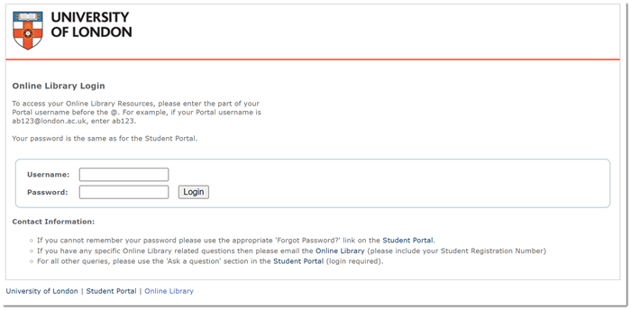 The page where you enter your username and password to access Online Library resources