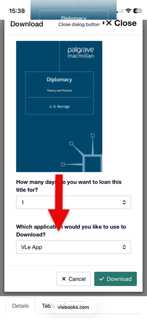 A book's page with the VLe app option highlighted