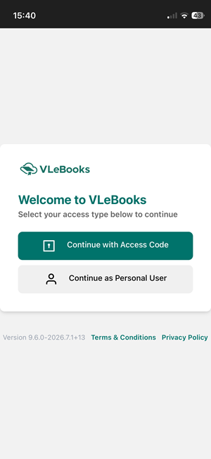 The page in the app with the option to continue with access code