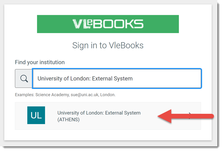 The V L E Books institution search page